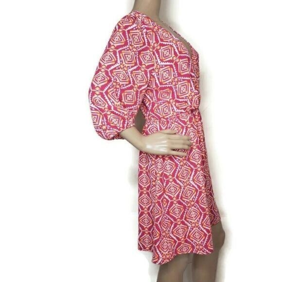 Everly Women's Red Aztec Print Dress size L V-Neck faux wrap 3/4 Sleeve - Picture 4 of 8